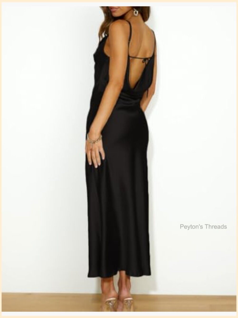 Satin Spaghetti Strap Cowl Neck Backless Midi Dress Ruched Cocktail Dress - Picture 3 of 5